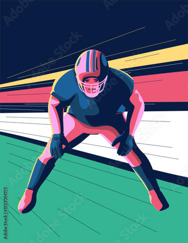An American football player is standing in a stance and is ready for the game. Vector illustration.