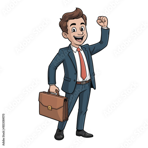 A happy businessman in a suit holds a briefcase and celebrates success with a raised fist.