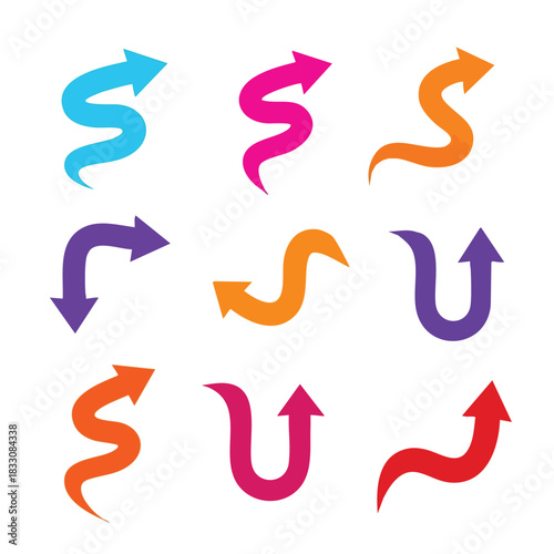 Collection of nine diverse curvy vector direction arrows on a clean white background for digital design and graphic illustration resource creation