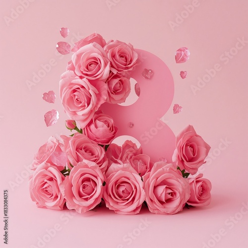 Celebration of Love and Beauty With Pink Roses and Number Eight on Soft Pink ...
