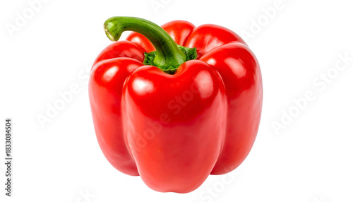 Glossy red bell pepper with bright green stem on dark background