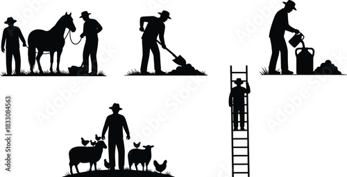 Farmer silhouettes tending horse sheep chickens digging watering and climbing ladder