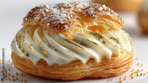 Golden Cream Puff with Whipped Cream and Edible Glitter Decoration