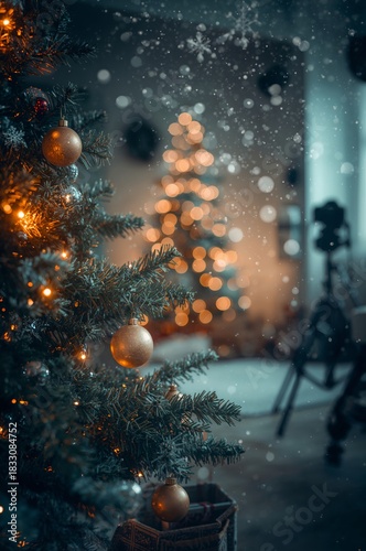 Beautifully Decorated Christmas Tree With Warm Lights and Soft Snow Falling I...