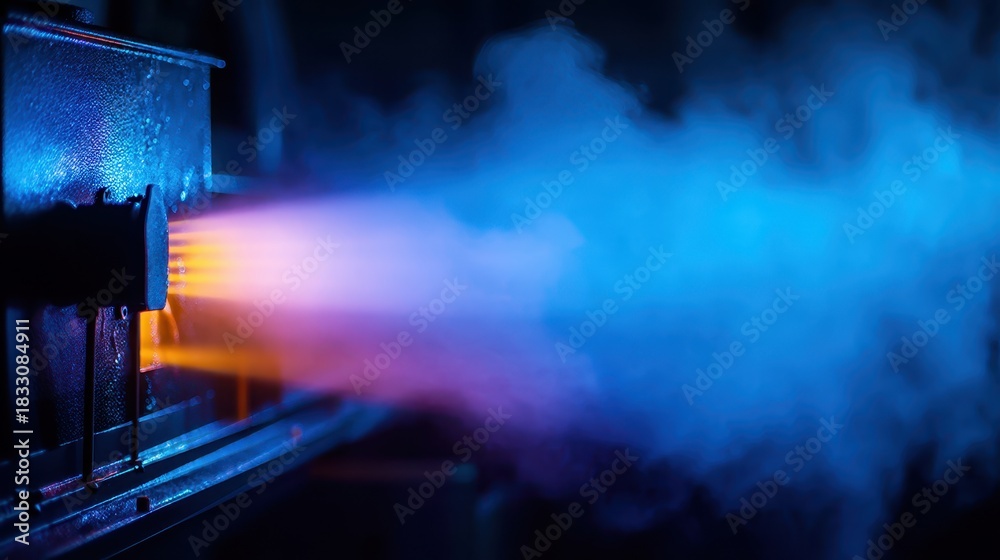 Obraz premium Furnace humidifier concept. Vibrant smoke and light from a creative source in a dark setting.