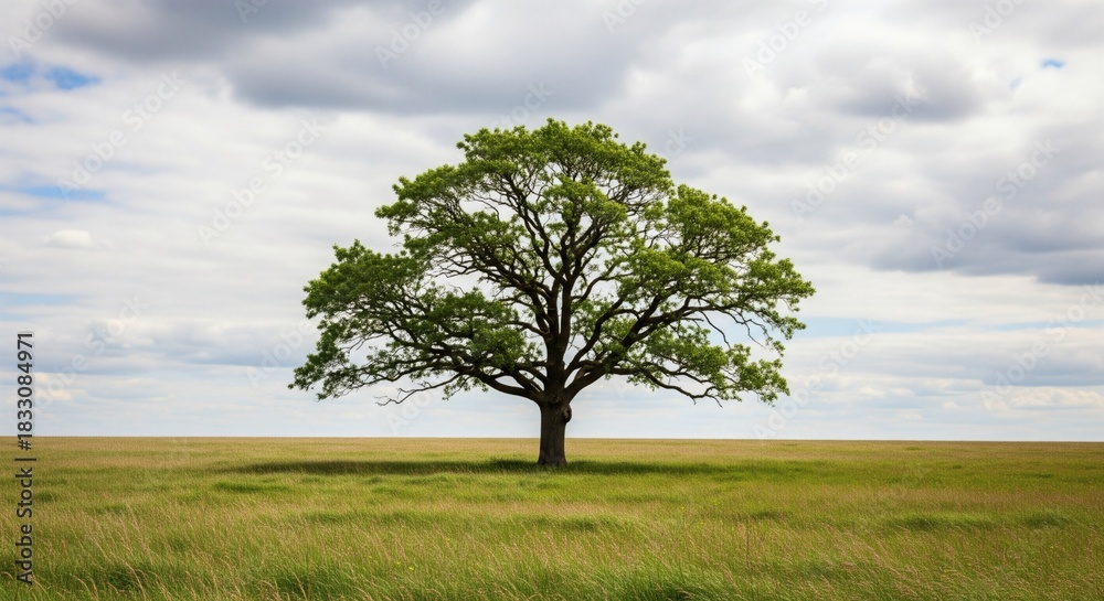 Obraz premium Lone oak tree stands in a sunlit meadow under a cloudy sky, daytime.