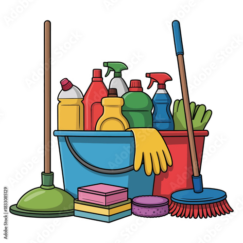 A collection of cleaning supplies and tools is organized for household chores.