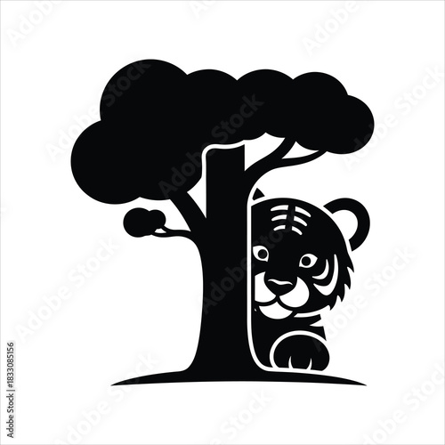 Cute Tiger Peeking From Behind a Tree in a Black and White Illustration