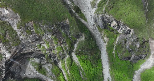 Aerial footage of beautiful high altitude grassland and mountain landscape