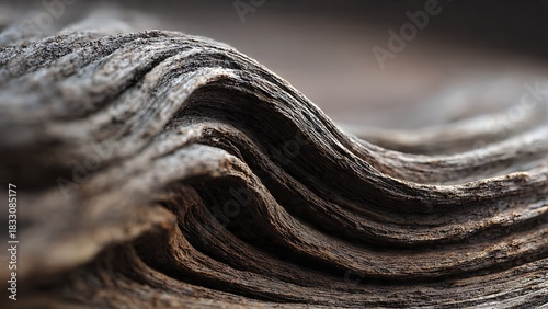 An abstract close-up photograph of weathered driftwood, highlighting the deep, flowing lines and the intricate, organic texture of the wood grain