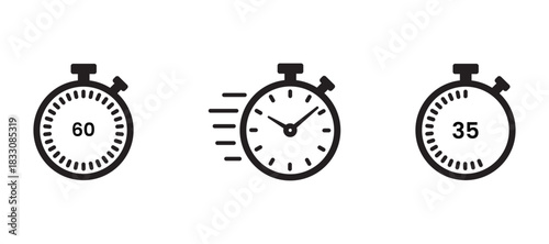Stopwatch timer countdown vector icons set. Time management and control for quick delivery and speed. Measurement instruments for applications and web.