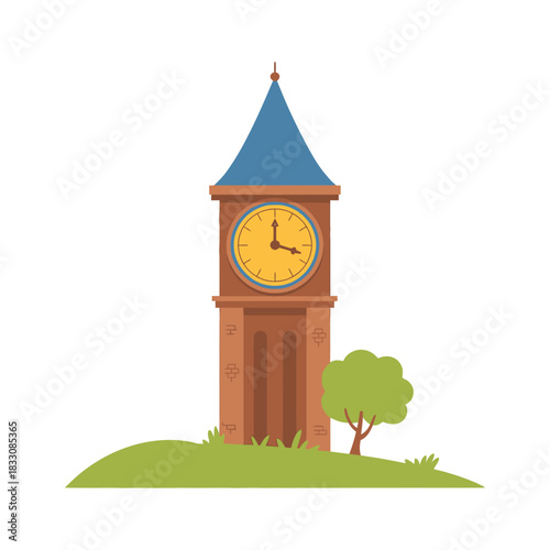 A charming clock tower stands tall on a grassy hill next to a small tree.