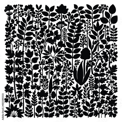 Diverse botanical silhouettes forming a dense organic pattern on a plain background for illustrative design element needs