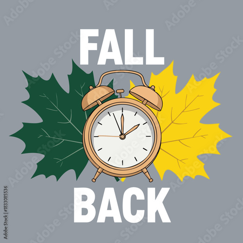 Autumn time change illustration with a classic alarm clock and colorful maple leaves for seasonal adjustment awareness