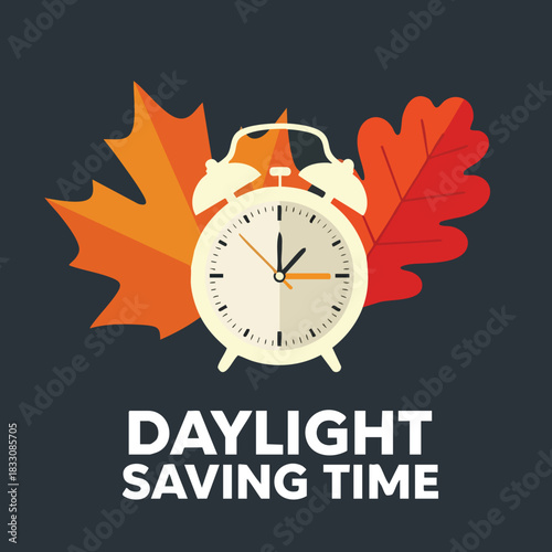 Alarm clock with autumn leaves illustrating the daylight saving time concept on a dark background as a seasonal graphic design element