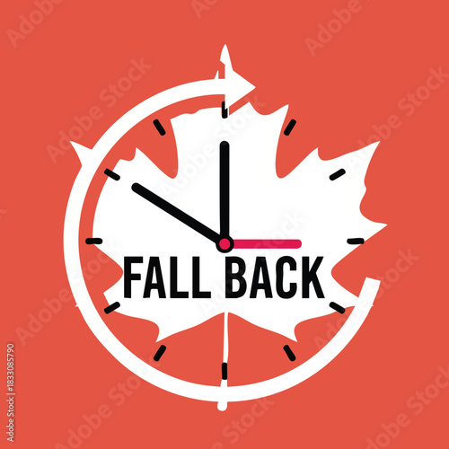 Clock within a maple leaf graphic representing the autumn time shift with a clear 'Fall Back' message for seasonal awareness