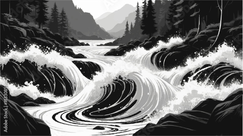 Black and white abstract winter landscape of a mountain river cascade, showing the cold, flowing water over black and white rocks and snow