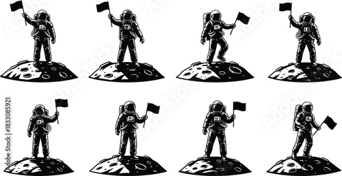 Eight astronauts in spacesuits planting black flags on moon craters vector
