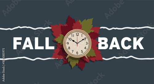 Autumnal clock with fall back message and colorful leaves on a dark ripped paper background for illustrating daylight saving time adjustment concept