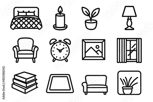 Cozy Home Essentials. Home Retreat Space linear icon set: headboard, quilt, bedside candle, small plant, warm light, armchair, night clock, photo frame, curtain folds, window light