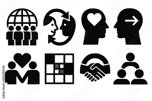 Cultural Iconography Set. Cultural awareness themes silhouette icon set: global harmony, empathy loop, inclusive mindset, perspective shift, shared humanity symbol, cultural mosaic
