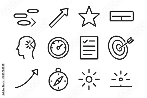 Path to Achievement. Path to Achievement linear icon set: stepping stones, direction arrow, timeline bar, aspiration star, breakthrough symbol, effort gauge, planning sheet, goal
