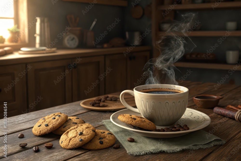 Obraz premium Steaming Cup of Coffee and Cookies on Wooden Table