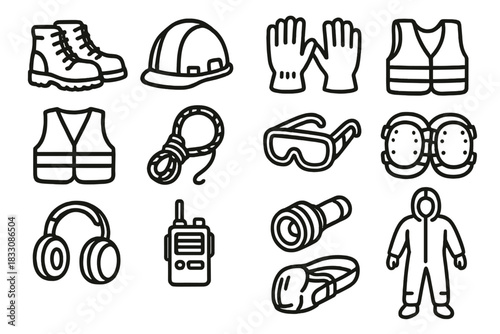 Construction Gear Icons. Heavy-Duty Construction Gear linear icon set. steel-toe boots, helmet, gloves, tool belt, reflective vest, safety rope, goggles, knee pads, earmuffs, radio