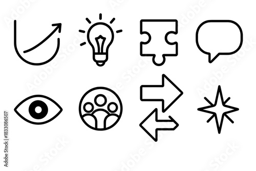 Human Potential Icons. Human Potential Development Skills linear icon set: resilience curve, creativity spark, problem-solving piece, communication bubble, decision arrow