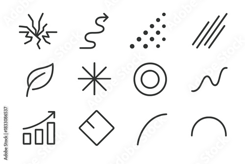 Evolutionary Icons. Transformative Transition linear icon set: breakthrough crack, rising pathway, evolving dots, shift lines, adaptive leaf, clarity spark, expanding circle