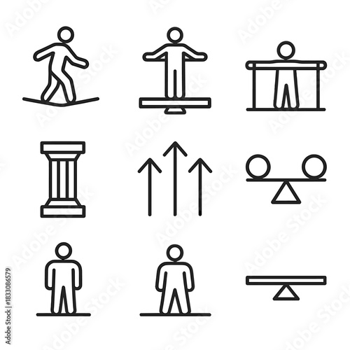Balance Icon Set. Physical Balance Symbols linear icon set: tightrope step, balance beam, stabilizing bar, weight distribution icon, firm pillar, aligned arrows, steady stance