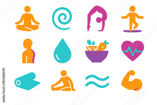 Modern Wellness Icons. Wellness Fitness flat icon set: yoga pose, mindful breath swirl, flexibility arc, balance board, posture line, hydration drop, nutrition bowl, calm pulse