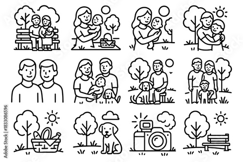 Outdoor Family Moment. Outdoor Family Portraits linear icon set: park bench, picnic blanket, tree background, sunlight, baby in arms, siblings hug, smiling parents, pet dog, family