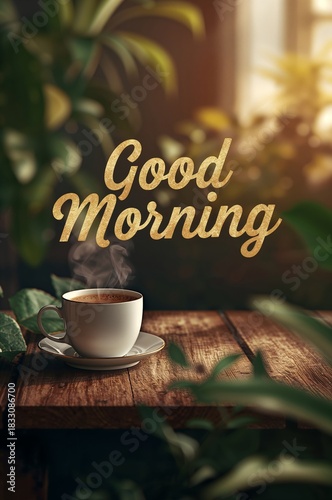Fresh Coffee on a Wooden Table Surrounded by Greenery During a Sunny Morning