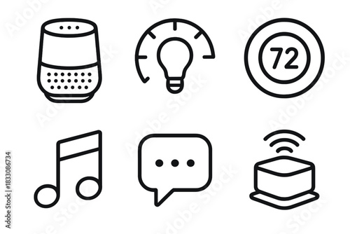 Smart Home Icons. Smart Home Assistants linear icon set. speaker device, light control icon, thermostat symbol, music note, voice bubble, smart hub.