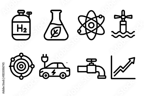 Future Energy Icons. Future Power Sources linear icon set: hydrogen tank, biofuel flask, nuclear atom, wave turbine, fusion core, electric car, pipeline, chart arrow