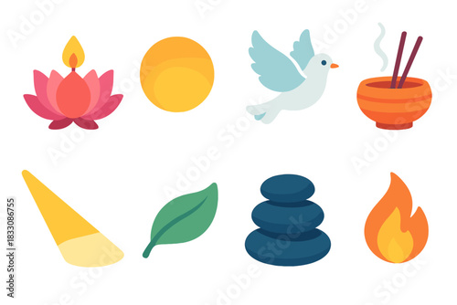 Zen Icons Collection. Serene spirit flat icon set : lotus lamp, soft glow orb, peaceful dove, incense bowl, light beam, floating leaf, zen stone, gentle flame