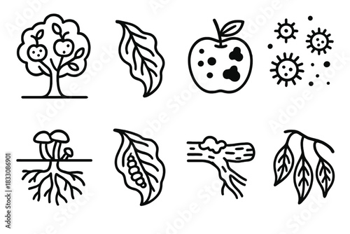Orchard Disease Icons. Orchard disease concept linear icon set: apple tree infection, leaf curl, spotted fruit, fungal spores, root fungus, insect larvae, moldy branch, drooping