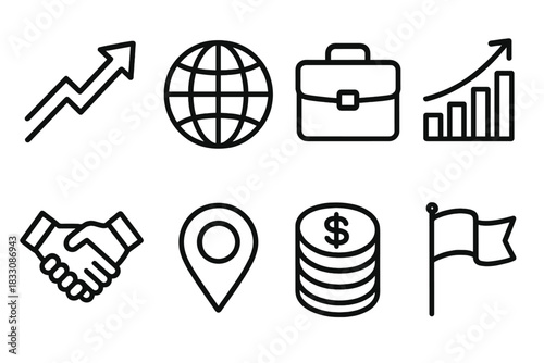 Global Business Icons. Business Expansion linear icon set: upward arrow, globe, briefcase, bar chart, handshake, map pin, coin stack, flag