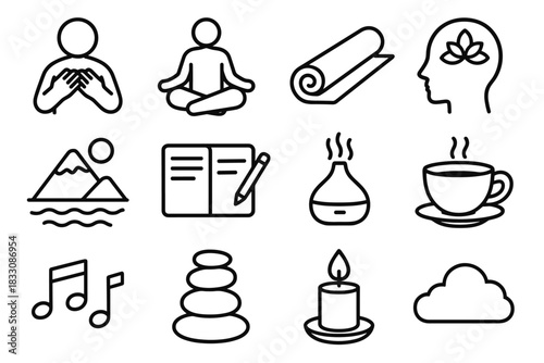 Stress Management Icons. Stress Management Techniques linear icon set: deep breathing, meditation pose, yoga mat, mindfulness symbol, calm nature scene, journal notebook