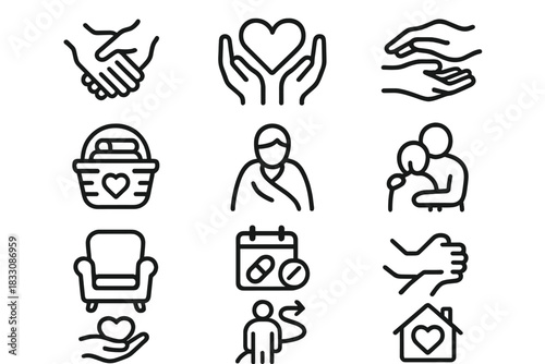 Caregiving Icons Display. Caregiving Icons linear icon set: helping hands, heart support, gentle touch, care basket, warm blanket, nurturing figure, comfort chair, medicine