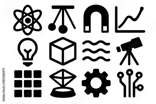 Bold Physics Icons. Scientific Physics silhouette icon set: atom, pendulum, magnet, graph chart, light bulb, 3D cube, wave pattern, telescope, data grid, hologram, gear, circuit