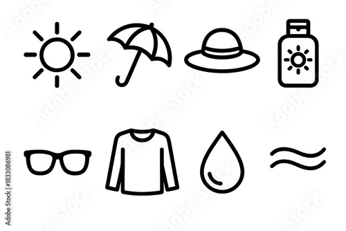 Sun Protection Icons. Sun exposure prevention concept linear icon set: sun icon, umbrella, wide hat, sunscreen, sunglasses, long-sleeve shirt, droplet, breeze