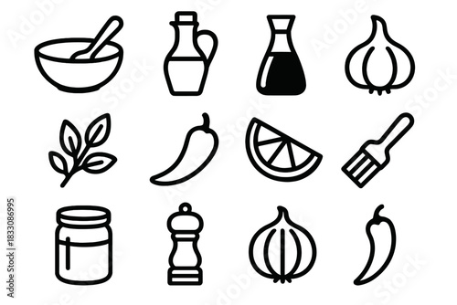 Marinade Ingredient Icons. Marinade Essentials linear icon set: bowl, spoon, oil bottle, soy sauce, garlic, herbs, chili, lemon, brush, jar, pepper grinder, onion