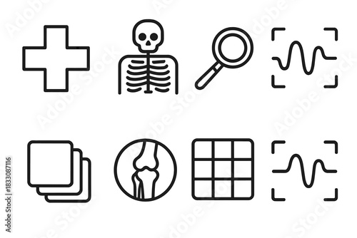 X-Ray Medical Icons. X-ray medical symbols linear icon set: cross symbol, skeletal silhouette, magnifying lens, scan wave, focus brackets, transparent layers, joint circle