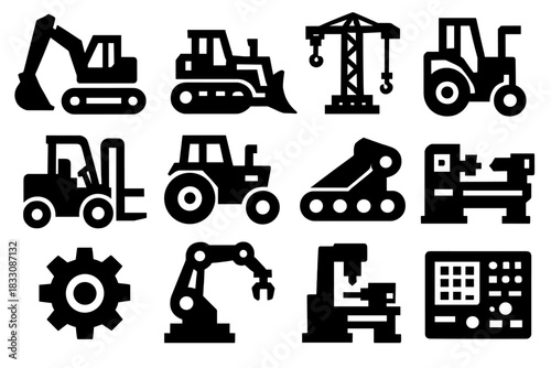 Brutalist Machinery Icons. Machinery Set silhouette icon set: excavator, bulldozer, crane, forklift, tractor, conveyor belt, gear, factory robot, lathe, drill press, milling