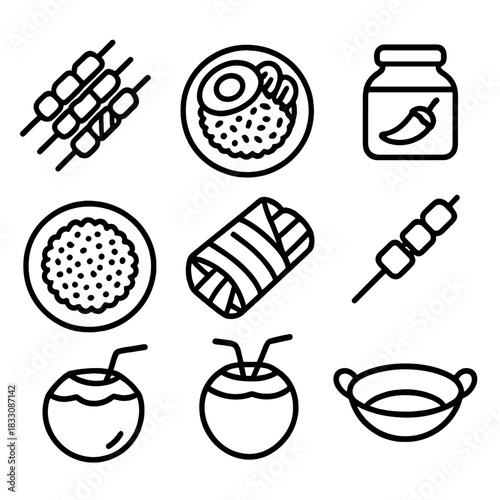 Indonesian Street Food Icons. Indonesian street food concept linear icon set: satay, nasi goreng, banana leaf wrap, spicy sambal jar, fried rice plate, coconut, skewer, wok
