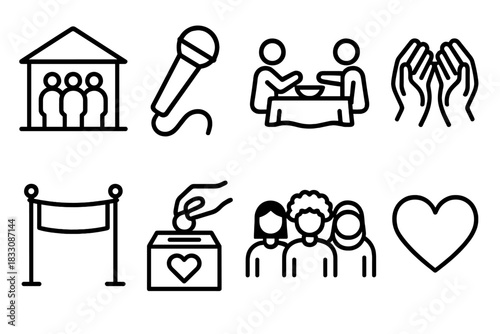 Community Icons Collection. Community Gatherings linear icon set: community hall, microphone, shared meal, helping hands, banner, donation box, diverse group, heart symbol