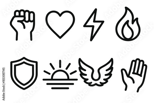 Symbolic Strength Icons. Inner Power linear icon set: raised fist, heart, lightning bolt, flame, shield, sunrise, wings, open hand