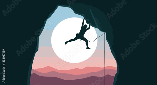 Silhouette rock climber in a cave opening with full moon and distant mountains illustration of overcoming challenges and adventure concept